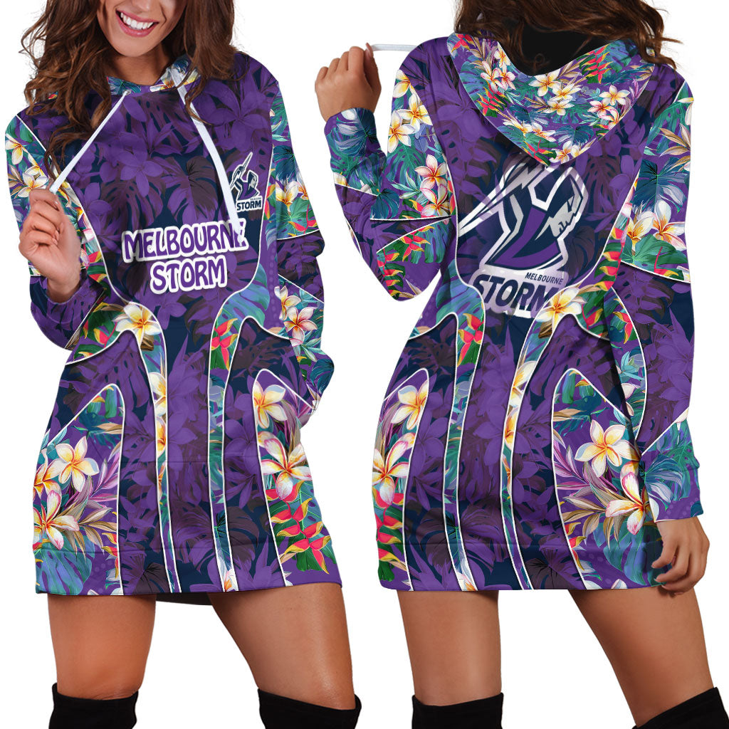 Melbourne Storm Hoodie Dress Tropical Hibiscus Floral Pattern With Purple And Blue Accents