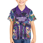 Melbourne Storm Kid Hawaiian Shirt Tropical Hibiscus Floral Pattern With Purple And Blue Accents