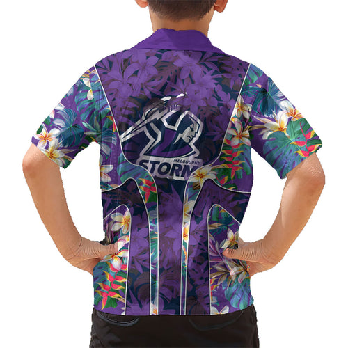 Melbourne Storm Kid Hawaiian Shirt Tropical Hibiscus Floral Pattern With Purple And Blue Accents