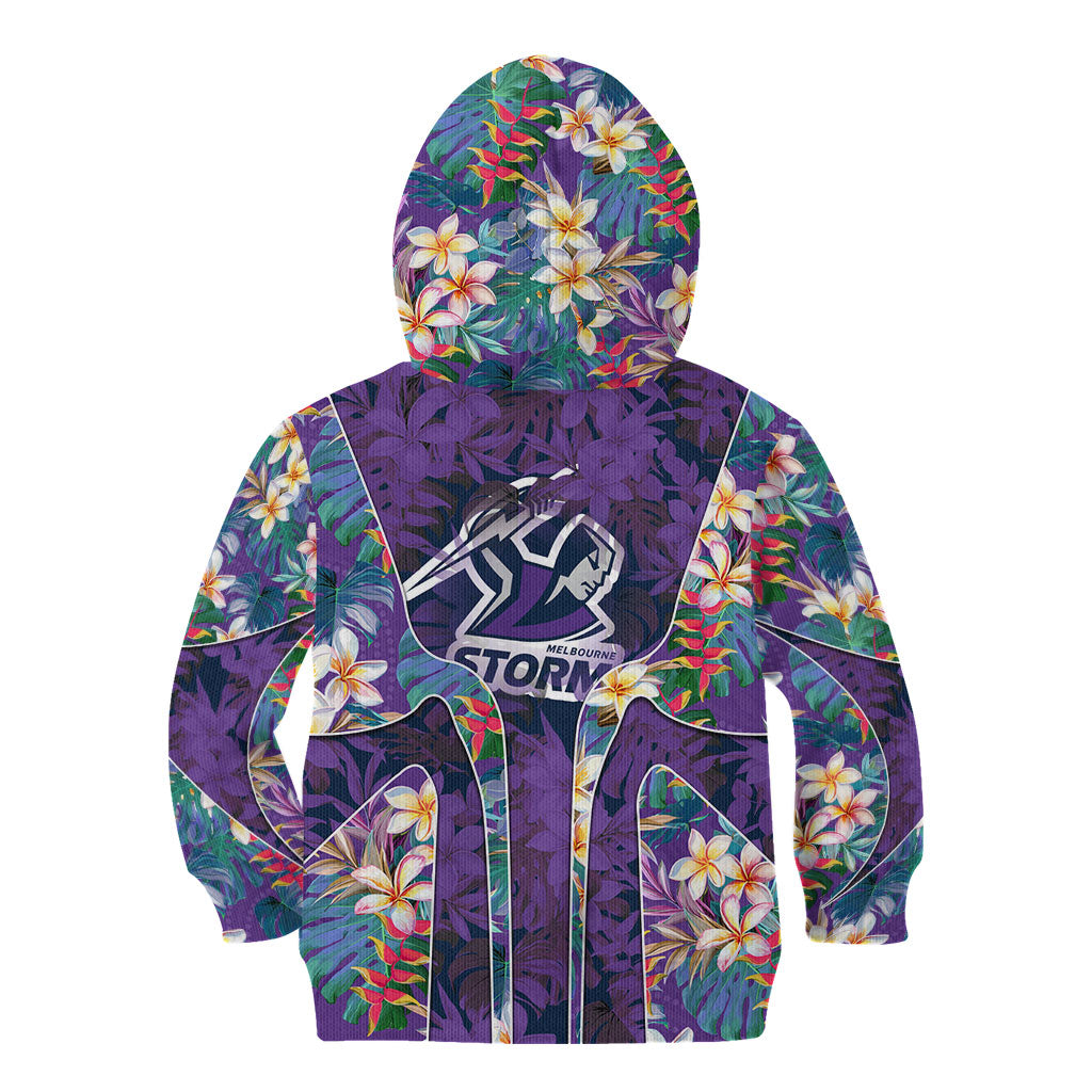 Melbourne Storm Kid Hoodie Tropical Hibiscus Floral Pattern With Purple And Blue Accents