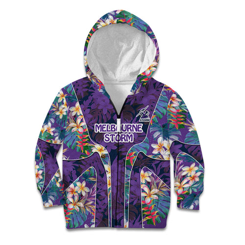 Melbourne Storm Kid Hoodie Tropical Hibiscus Floral Pattern With Purple And Blue Accents