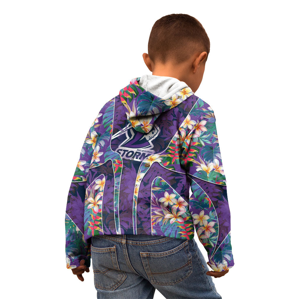 Melbourne Storm Kid Hoodie Tropical Hibiscus Floral Pattern With Purple And Blue Accents