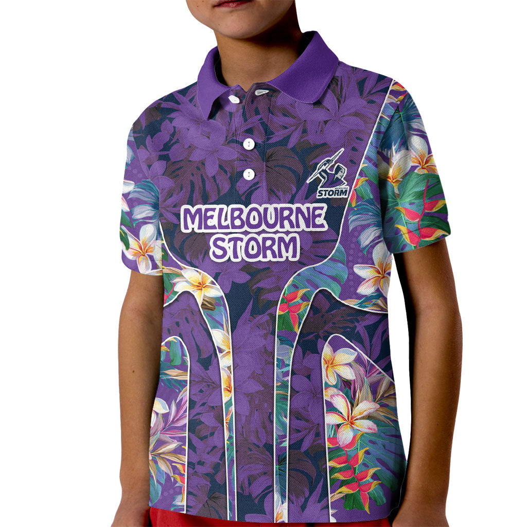 Melbourne Storm Kid Polo Shirt Tropical Hibiscus Floral Pattern With Purple And Blue Accents