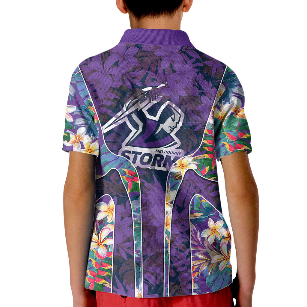 Melbourne Storm Kid Polo Shirt Tropical Hibiscus Floral Pattern With Purple And Blue Accents