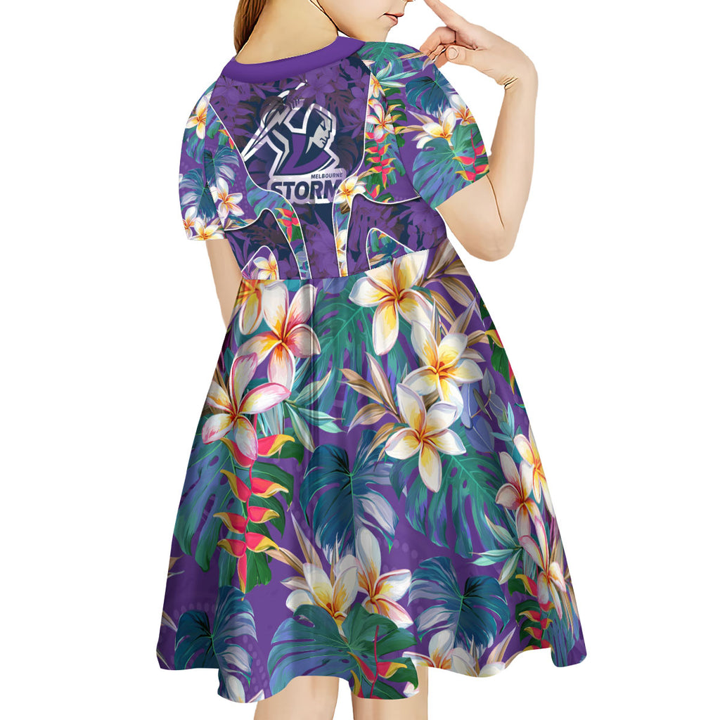 Melbourne Storm Kid Short Sleeve Dress Tropical Hibiscus Floral Pattern With Purple And Blue Accents