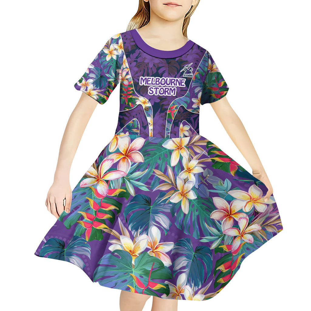 Melbourne Storm Kid Short Sleeve Dress Tropical Hibiscus Floral Pattern With Purple And Blue Accents