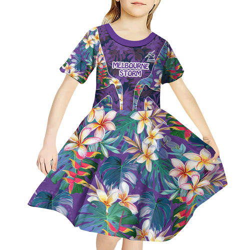 Melbourne Storm Kid Short Sleeve Dress Tropical Hibiscus Floral Pattern With Purple And Blue Accents