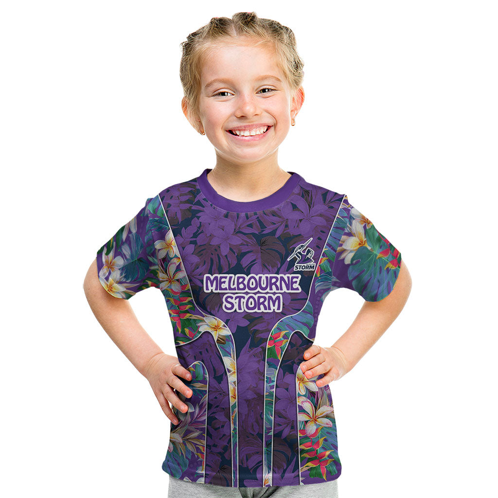 Melbourne Storm Kid T Shirt Tropical Hibiscus Floral Pattern With Purple And Blue Accents