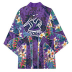 Melbourne Storm Kimono Tropical Hibiscus Floral Pattern With Purple And Blue Accents