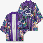 Melbourne Storm Kimono Tropical Hibiscus Floral Pattern With Purple And Blue Accents