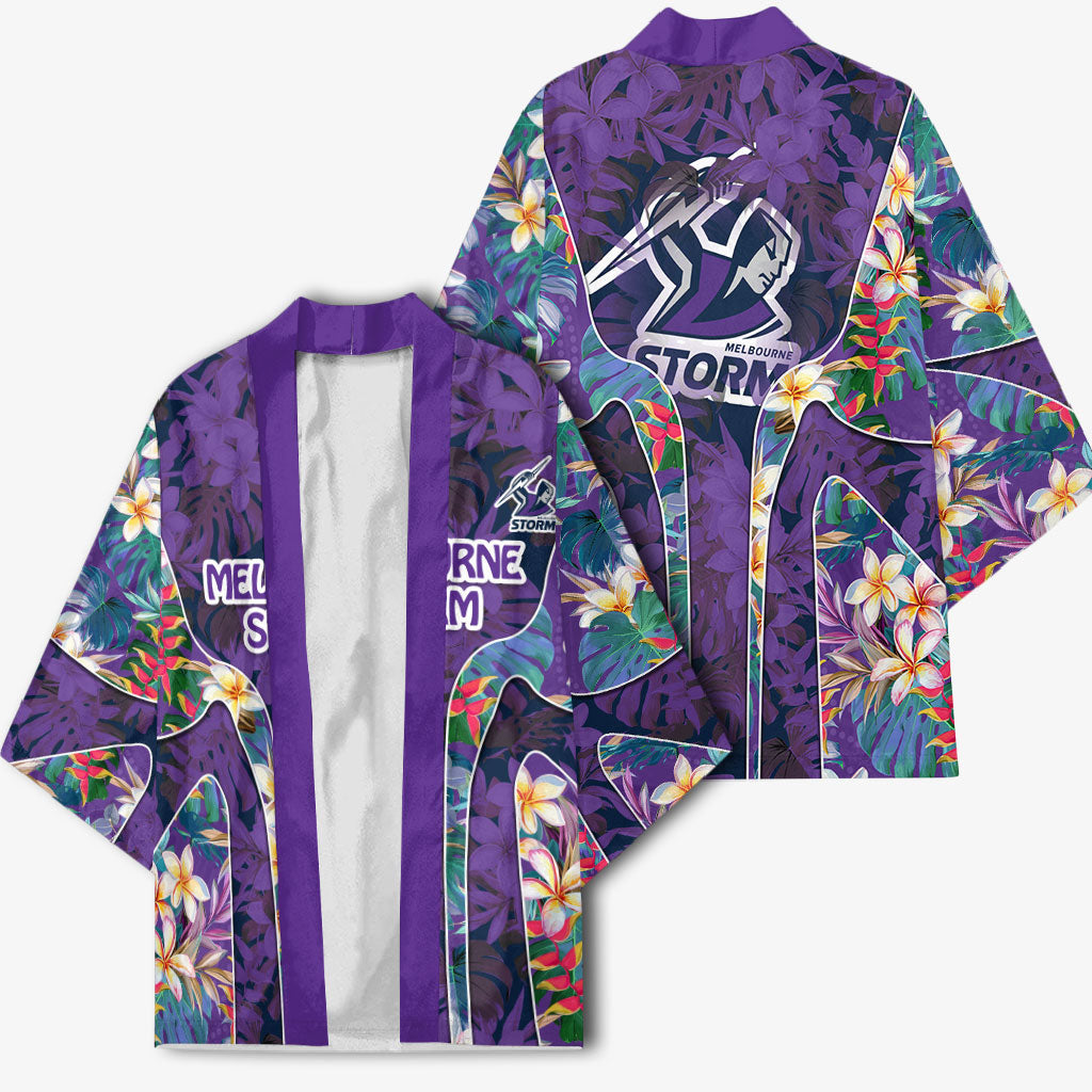 Melbourne Storm Kimono Tropical Hibiscus Floral Pattern With Purple And Blue Accents