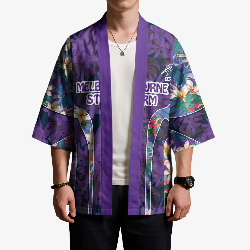 Melbourne Storm Kimono Tropical Hibiscus Floral Pattern With Purple And Blue Accents