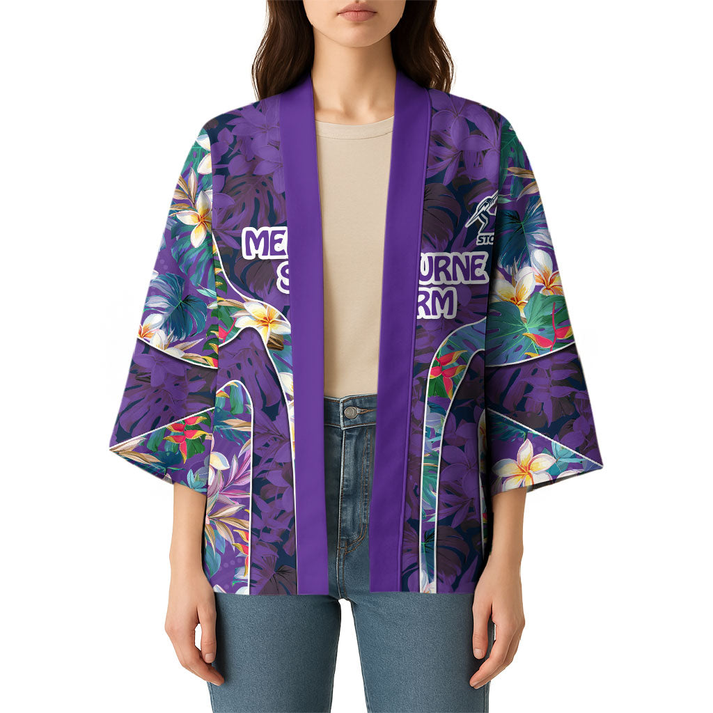 Melbourne Storm Kimono Tropical Hibiscus Floral Pattern With Purple And Blue Accents