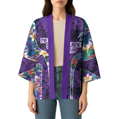 Melbourne Storm Kimono Tropical Hibiscus Floral Pattern With Purple And Blue Accents