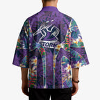 Melbourne Storm Kimono Tropical Hibiscus Floral Pattern With Purple And Blue Accents
