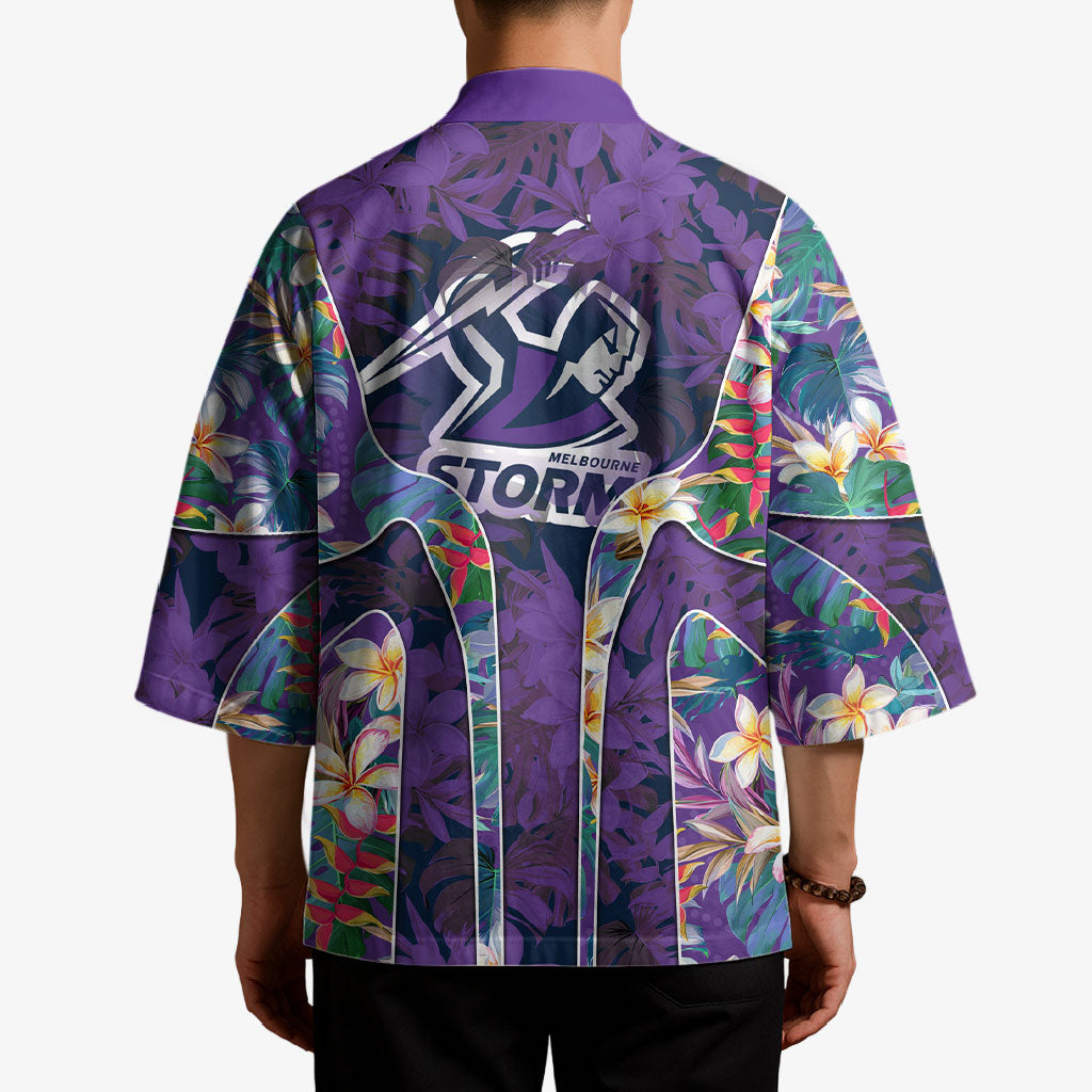 Melbourne Storm Kimono Tropical Hibiscus Floral Pattern With Purple And Blue Accents