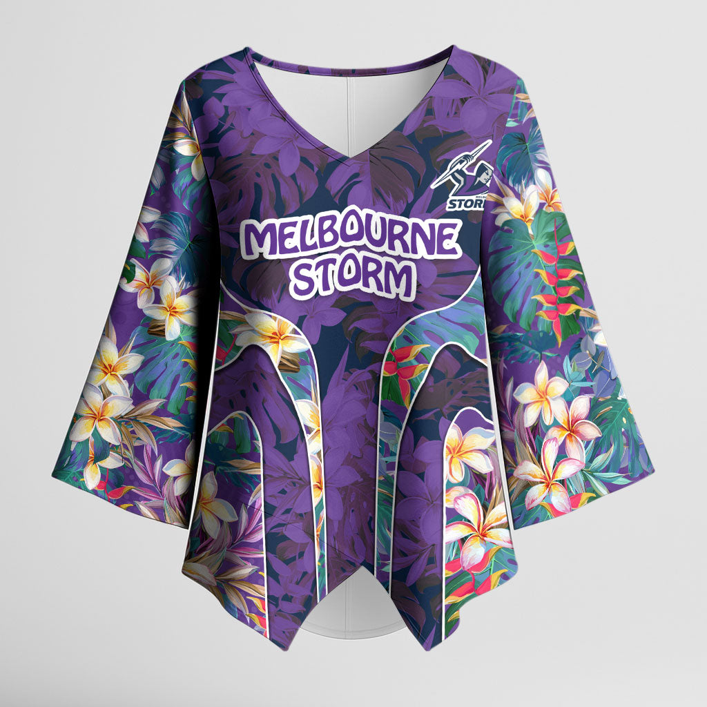 Melbourne Storm Kimono Sleeve Blouse Tropical Hibiscus Floral Pattern With Purple And Blue Accents