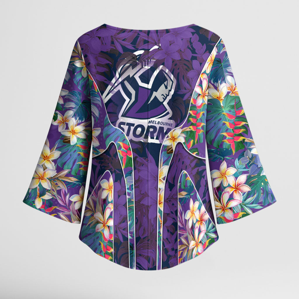 Melbourne Storm Kimono Sleeve Blouse Tropical Hibiscus Floral Pattern With Purple And Blue Accents