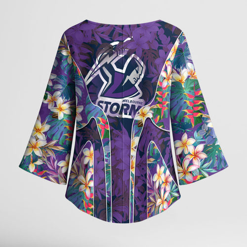 Melbourne Storm Kimono Sleeve Blouse Tropical Hibiscus Floral Pattern With Purple And Blue Accents