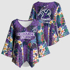 Melbourne Storm Kimono Sleeve Blouse Tropical Hibiscus Floral Pattern With Purple And Blue Accents