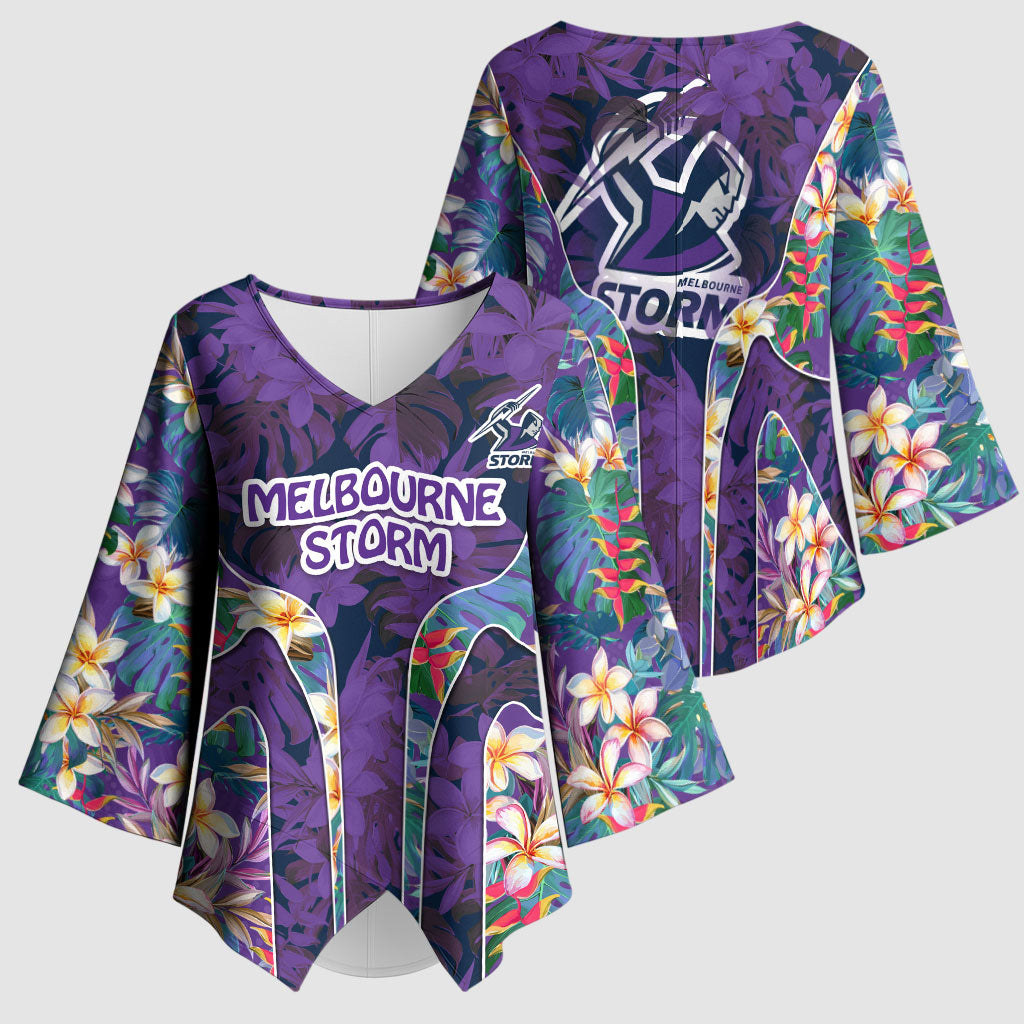 Melbourne Storm Kimono Sleeve Blouse Tropical Hibiscus Floral Pattern With Purple And Blue Accents