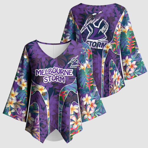Melbourne Storm Kimono Sleeve Blouse Tropical Hibiscus Floral Pattern With Purple And Blue Accents
