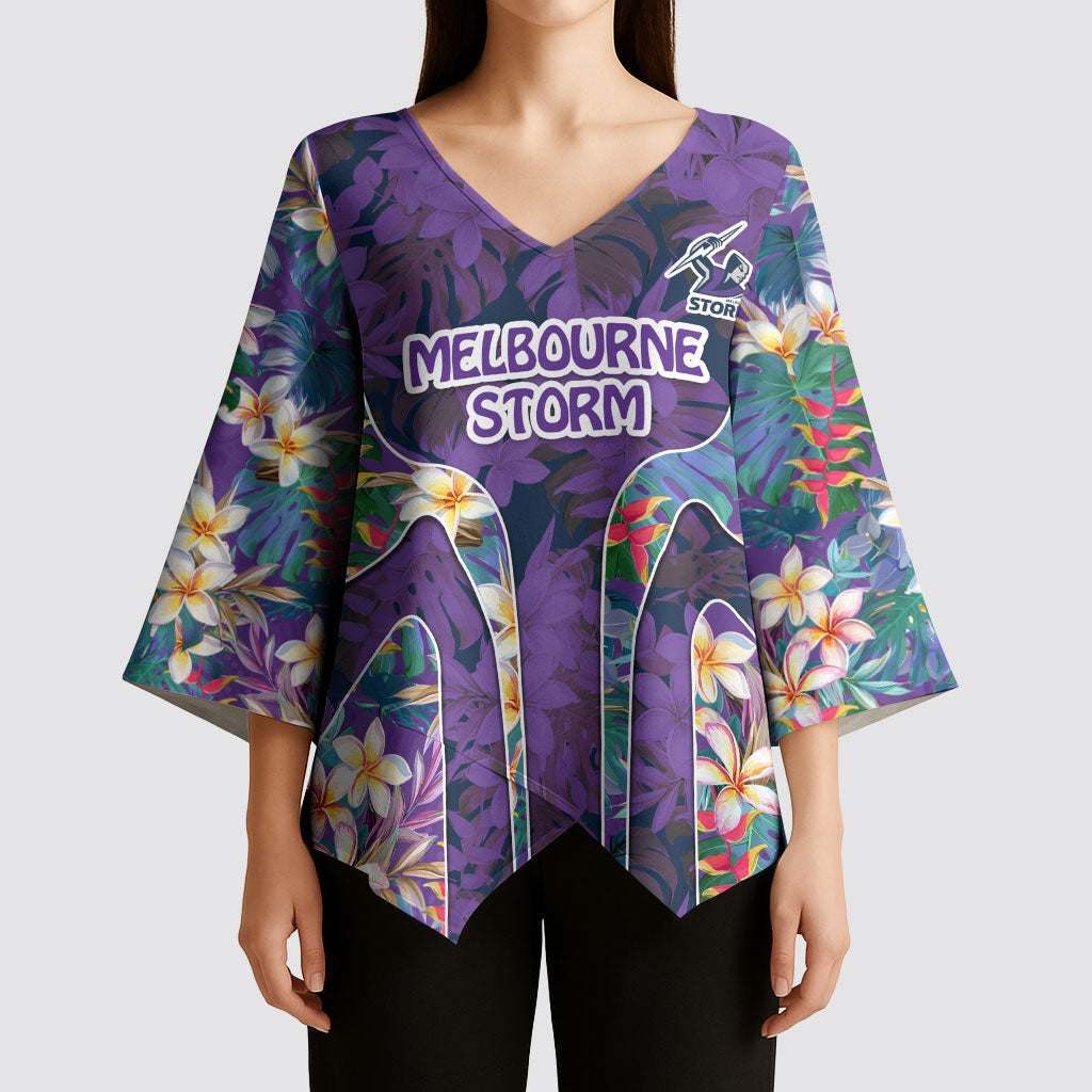 Melbourne Storm Kimono Sleeve Blouse Tropical Hibiscus Floral Pattern With Purple And Blue Accents