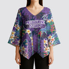 Melbourne Storm Kimono Sleeve Blouse Tropical Hibiscus Floral Pattern With Purple And Blue Accents