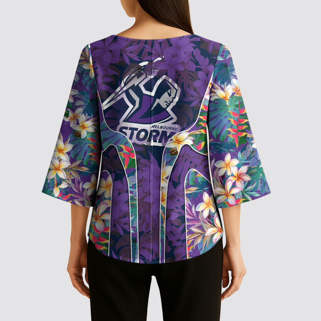 Melbourne Storm Kimono Sleeve Blouse Tropical Hibiscus Floral Pattern With Purple And Blue Accents