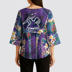 Melbourne Storm Kimono Sleeve Blouse Tropical Hibiscus Floral Pattern With Purple And Blue Accents