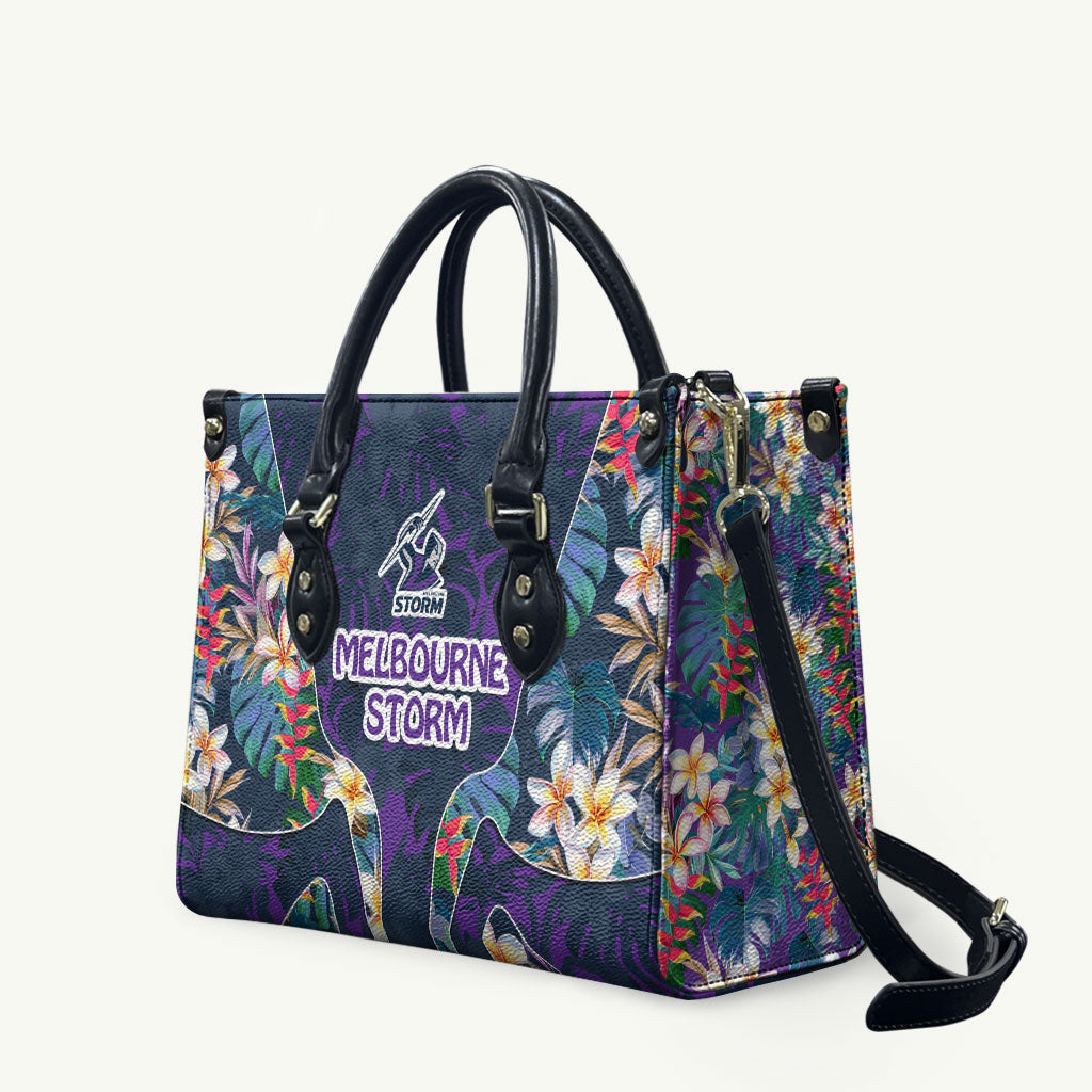 Melbourne Storm Leather Bag Tropical Hibiscus Floral Pattern With Purple And Blue Accents