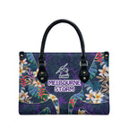 Melbourne Storm Leather Bag Tropical Hibiscus Floral Pattern With Purple And Blue Accents