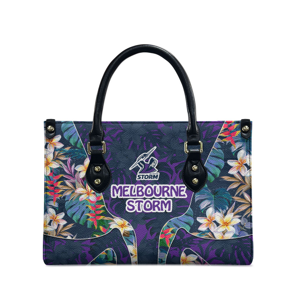 Melbourne Storm Leather Bag Tropical Hibiscus Floral Pattern With Purple And Blue Accents