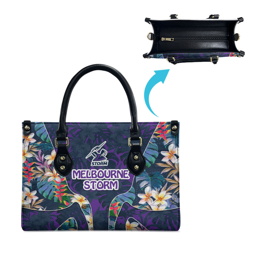 Melbourne Storm Leather Bag Tropical Hibiscus Floral Pattern With Purple And Blue Accents
