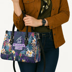 Melbourne Storm Leather Bag Tropical Hibiscus Floral Pattern With Purple And Blue Accents