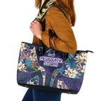 Melbourne Storm Leather Tote Bag Tropical Hibiscus Floral Pattern With Purple And Blue Accents