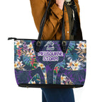 Melbourne Storm Leather Tote Bag Tropical Hibiscus Floral Pattern With Purple And Blue Accents