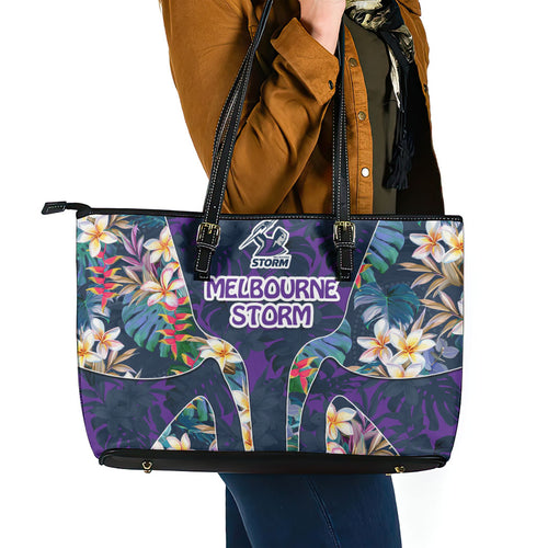 Melbourne Storm Leather Tote Bag Tropical Hibiscus Floral Pattern With Purple And Blue Accents