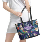 Melbourne Storm Leather Tote Bag Tropical Hibiscus Floral Pattern With Purple And Blue Accents