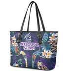 Melbourne Storm Leather Tote Bag Tropical Hibiscus Floral Pattern With Purple And Blue Accents