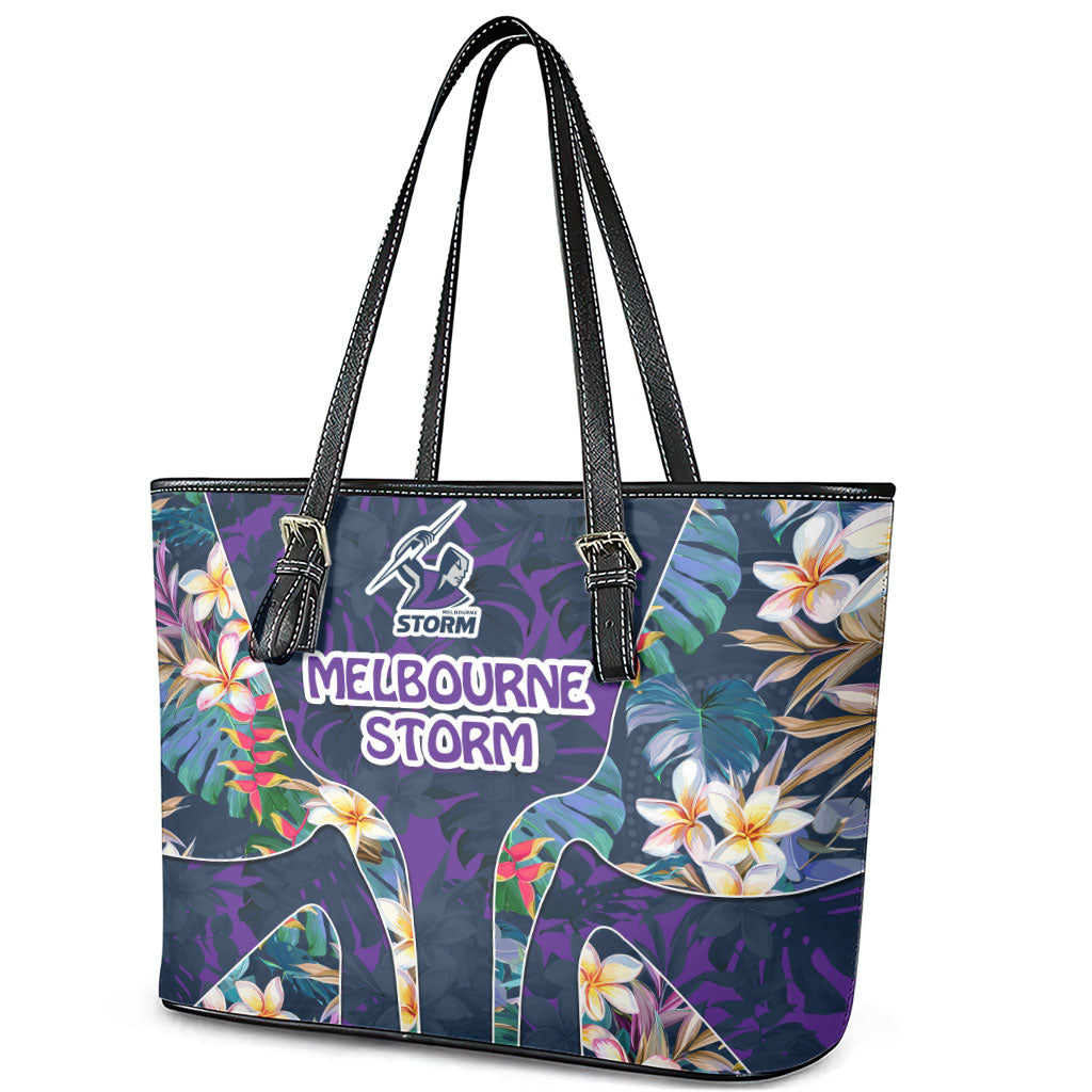 Melbourne Storm Leather Tote Bag Tropical Hibiscus Floral Pattern With Purple And Blue Accents