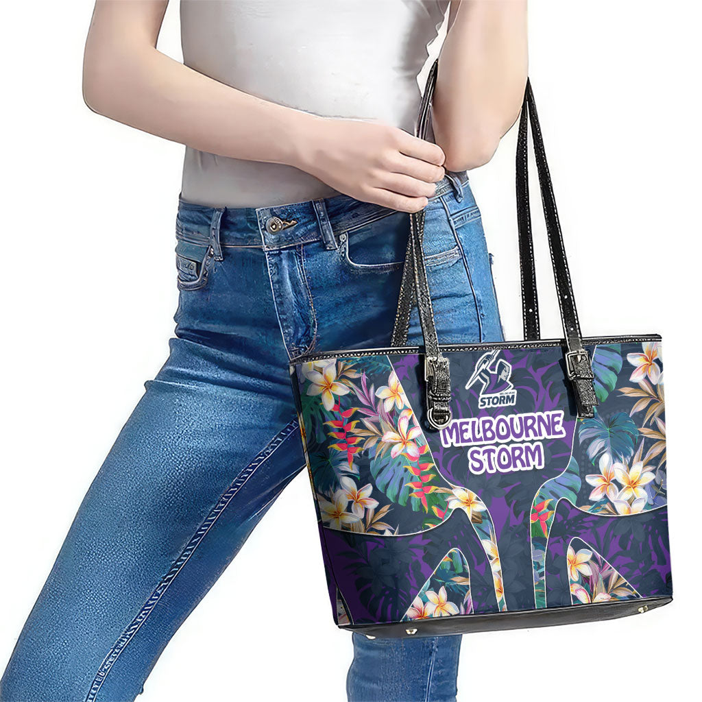 Melbourne Storm Leather Tote Bag Tropical Hibiscus Floral Pattern With Purple And Blue Accents