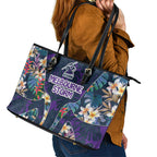 Melbourne Storm Leather Tote Bag Tropical Hibiscus Floral Pattern With Purple And Blue Accents