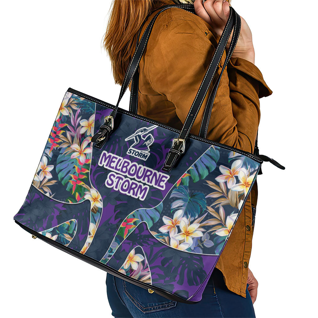 Melbourne Storm Leather Tote Bag Tropical Hibiscus Floral Pattern With Purple And Blue Accents