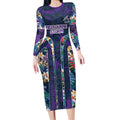 Melbourne Storm Long Sleeve Bodycon Dress Tropical Hibiscus Floral Pattern With Purple And Blue Accents