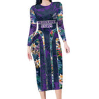 Melbourne Storm Long Sleeve Bodycon Dress Tropical Hibiscus Floral Pattern With Purple And Blue Accents