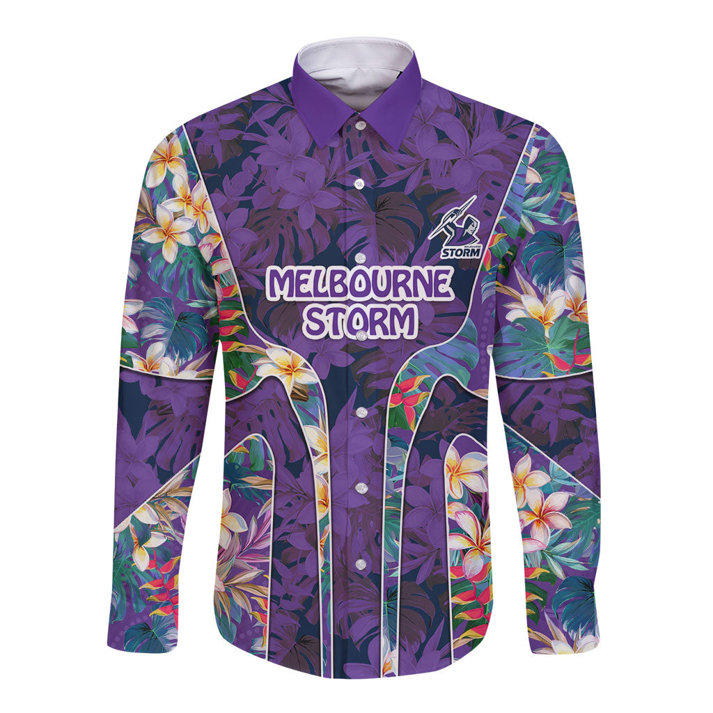 Melbourne Storm Long Sleeve Button Shirt Tropical Hibiscus Floral Pattern With Purple And Blue Accents