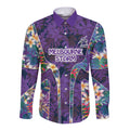 Melbourne Storm Long Sleeve Button Shirt Tropical Hibiscus Floral Pattern With Purple And Blue Accents