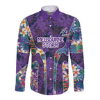 Melbourne Storm Long Sleeve Button Shirt Tropical Hibiscus Floral Pattern With Purple And Blue Accents