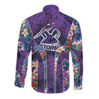 Melbourne Storm Long Sleeve Button Shirt Tropical Hibiscus Floral Pattern With Purple And Blue Accents